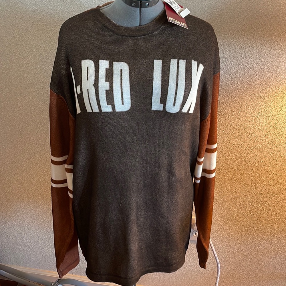 92.00 NWT XL fits like XXLT Indigo Red Brown Varsity style sweater shirt comfy